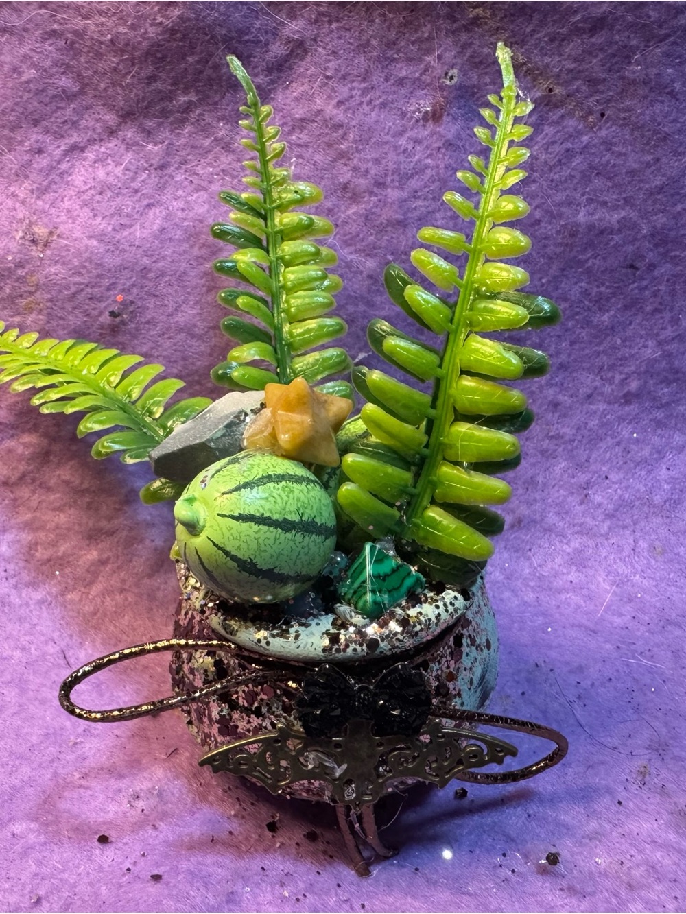 Vintage-Style Decorative mini cauldron with Faux Ferns and watermelon plants